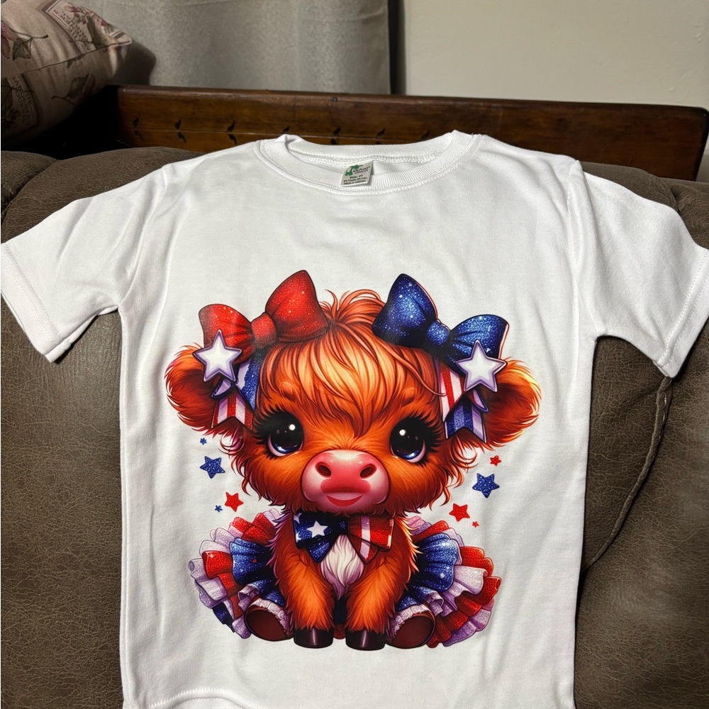 Patriotic Highland Cow Graphic Kids Tee - White